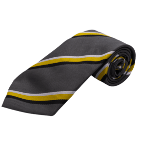 Striped School Tie – Grey, White, Gold & Black